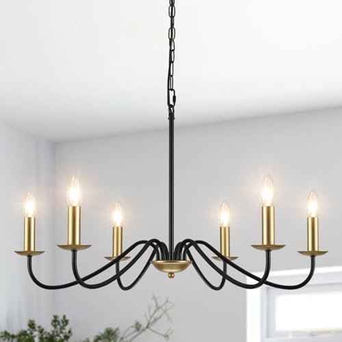 MRHYSWD Lampadario Nero e Oro Moderni, 6 Luci Lampadari Ferro Battuto Classici, Lampadario A Sospensione Industrialle Per Soggiorno Camera Da Letto Cucina Corridoio Pranzo, Regolazione in Altezza