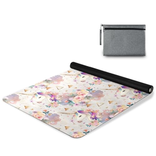 ALAZA Unicorn Flowers Golden Geometric Circles Triangles Yoga Mat Non Slip Fitness Exercise Mat, Workout Mat for Yoga, Pilates and Floor Exercises