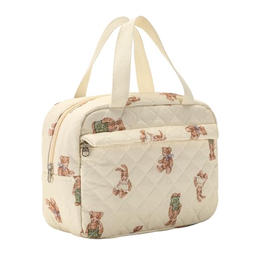 RSRSLEII Large Capacity Quilted Makeup Bag，Aesthetic Portable Cosmetic Bag，Large Wide-open Travel Bag for Toiletries，Coquette Floral Travel Makeup Case with Handle and Divider （03 white bear）