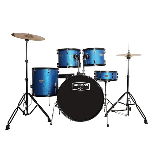 Image of ARCTIC COSMOS 5 Piece Complete Acoustic Drum Kit /Drumset with drumsticks, Cymbals and throne - With Hardware. Best Sounding shells, most durable build. (Blue)