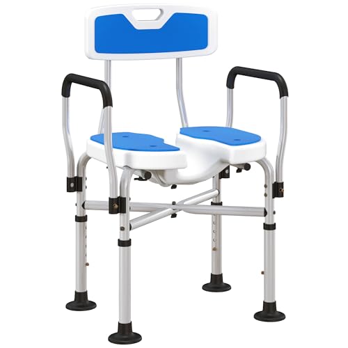 HOMCOM Silla Ducha Personas Mayores Silla de Ducha con Asiento Ranurado Altura Regulable Taburete de Ducha Antideslizante con Respaldo y Reposabrazos Carga 136 kg para Discapacitados Azul