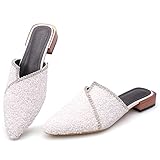 Mules for Women Slip On Comfortable Pointed Toe Flat Shoes On Loafers Backless Pointed Toe Satin Mule Slides White Size 9.5
