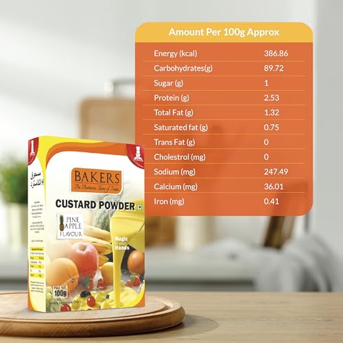 Image of BAKERS Custard Powder | Pineapple Flavor | (100g x 6, 600g) | Contains No Eggs | Long Shelf Life | Makes Smooth, Creamy, Testy & Juicy Custard | Quick & Easy to Make |Best For Fruit Salads & Puddings