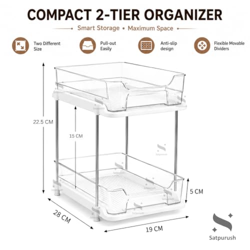 Image of Satpurush 2 Tier Kitchen Organizer Rack for Countertop, Space Saving Multipurpose Organiser with Transparent Trays for Spice Jars, Oil Bottles & Containers, (22.5 x 28 x 19 cm, Clear)