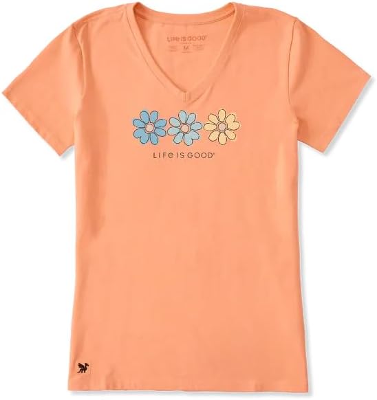 Life is Good. Women's Three Daisies Rally Short Sleeve Crusher Vee, Canyon Orange