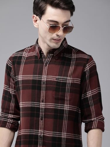 Image of THE BEAR HOUSE Men's Cotton Slim Brown Checks Casual Shirt | L |TBH-Walnut-BR-L |