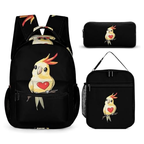 Cockatiel with Heart Cute Backpacks Set Lightweight Lunch Bag Aesthetic Pencil Cases for Travel Work