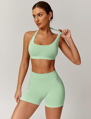 Image of ABOCIW Workout Sets for Women 2 Piece seamless Halter Sports Bra Scrunch Butt Impact Shorts Gym Yoga Outfits