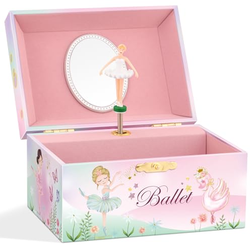 A&A Music Jewelry Box for Girls with Mirror Paired with Ballet Girl Theme Rotating Playback the Tune for Swan Lake Pink