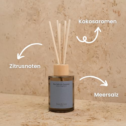 Jean & Len Scented Room Diffusor Sea Salt & Coconut, Raumduft mit Rattan-Stäbchen, sorgt 6 Wochen für ein angenehmes Dufterlebnis, sinnliche Duftkombination, vegan, 100 ml