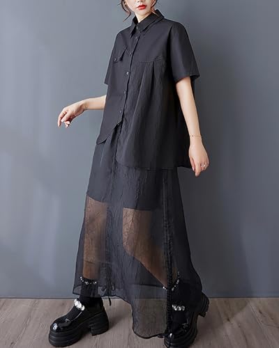 ellazhu Women's Shirt Lapel Short Sleeve Button Down Solid Color Irregular Hem Asymmetrical Cut GZ4793