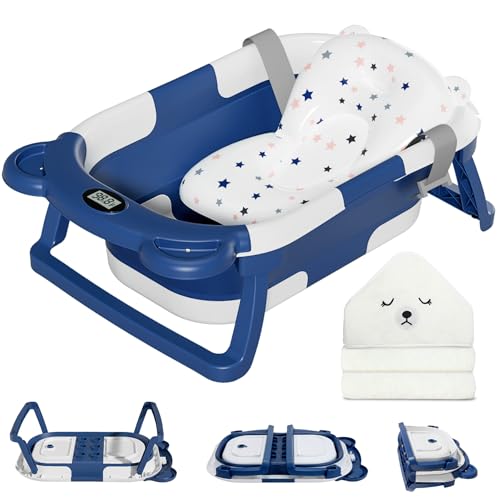 Image of MoreFeel Collapsible Baby Bathtub for Newborn with Thermometer & 1 Soft Floating Cushion & 1 Bath Net,Portable Travel Bathtub with Drain Hole, Durable Foldable Baby Tubs for Infants to Toddler