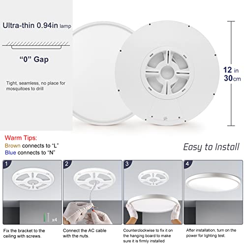 LightingWill 12 Inch LED Flush Mount Ceiling Light Fixture, 6000K Cool White, 3200LM, 24W, Flat Modern Round Lighting Fixture, 240W Equivalent White Ceiling Lamp for Kitchens, Bedrooms.etc.