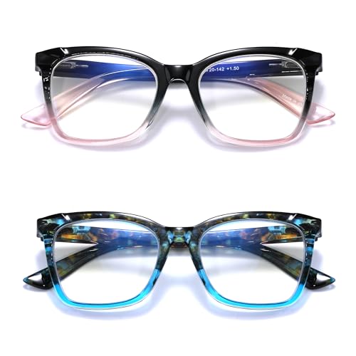 Areyeth 2 pares de anteojos de lectura cuadrados de gran tamaño para mujer, bloqueo de luz azul, para lectura de computadora con bisagra de resorte flexible (negro/transparente + demi/azul, 3.0)