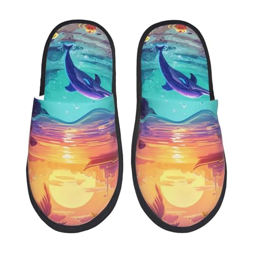 Hawaiian Island Dolphin Print Women Slippers Home Furry Shoes Keep Men Couples Shoes Warm For Women-
