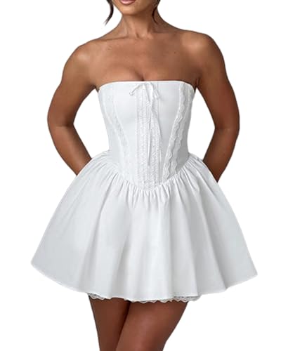 SANSIWU Damen Korsett Minikleid Y2k Rüschen Fee Tief Schnitt Rückenfrei Trägerlos Spitzenbesatz Tube Top Kleid Kurz Strand Sommerkleid Clubwear,...
