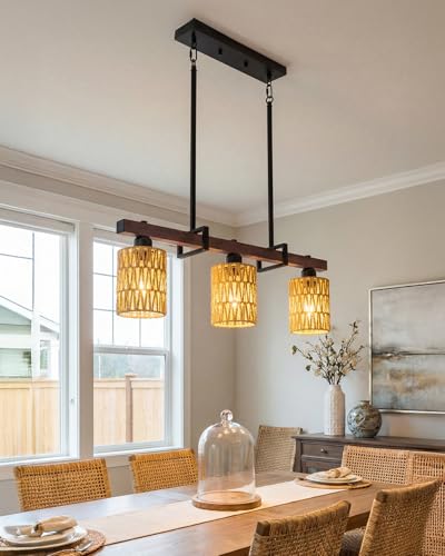 3-Light Kitchen Island Light Fixture, Linear Chandelier for Dining Room, Rustic Pendant Light Over Table, Handmade Woven Farmhouse Wicker Chandelier, Dark Wood Finish for Kitchen Island - image 8