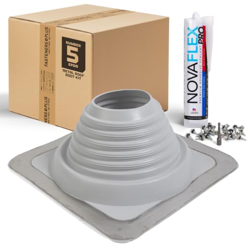 Image of Fasteners Plus #5 Square EPDM Metal Roof Pipe Flashing Boot | with Complete Install Kit (Fits 4 inch - 8-1 /4 inch Pipe OD), Gray
