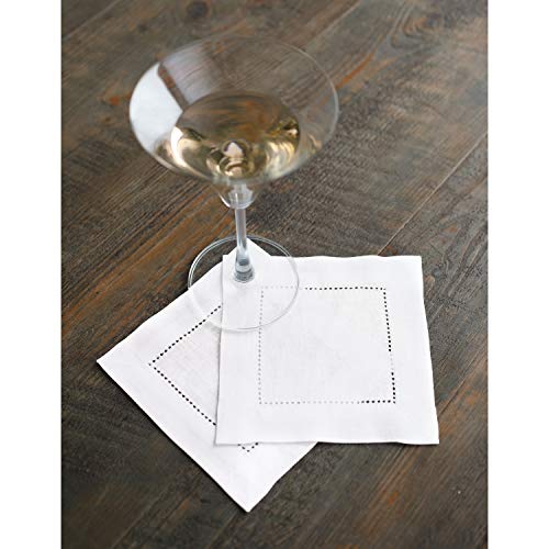 Solino Home Linen Cocktail Napkins 6 X 6 Inch – 100% Pure Linen Fabric White Napkins For Coaster, Parties, Beverage, Dining – Set Of 12, Handcrafted From European Flax – Classic Hemstitch #TOP1