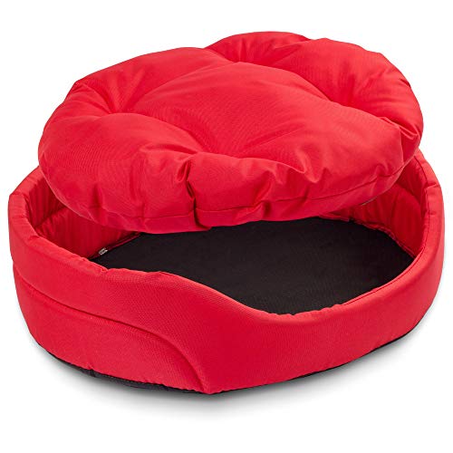 BOUTIQUE ZOO Hundebett | Oval Hundekissen für Kleine Hunde oder Katzen | Kratzfest Hundeliege mit Kissen | Hundekorb | Waschbar Polyester | Große: S (46x40 cm) | Farbe: Rot