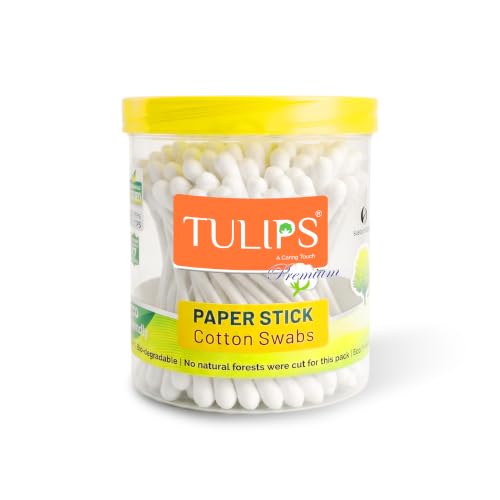 Image of Tulips Premium Paper Stick Cotton Ear Buds (Pack Of 4) Pure & Soft Cotton, 100 Sticks / 200 Tips Each Pack - White