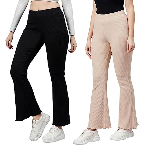 Image of BLINKIN Women's Stretch Fit Mid Rise Ribbed Stretchable Flared Pants | Boot Cut Bell Bottom Pants - Ideal for Yoga & Gym Wear,Casual Wear & Office Wear Trousers