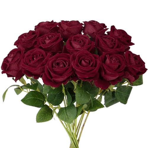 Auihiay 14PCS Burgundy Roses, Burgundy Roses Artificial Flowers, Velvet Silk Rose Bouquet with Long Stems for Mother's Day, Valentine's Day Gift, Wedding Centerpieces & Home Decor