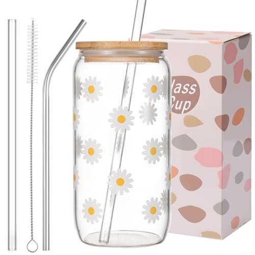 ANABIUP Cute Glass Cups with Lids and Straws, Daisy Flower Iced Coffee Smoothie Matcha Cup Tumbler Birthday Gifts for Women Sister Friend Her Preppy Teenage Girls Teen Girl Gifts Trendy Stuff Things