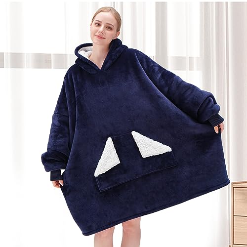 Touchat Wearable Blanket Hoodie, Oversized Sherpa Blanket Sweatshirt With Hood Pocket And Sleeves, Super Soft Warm Comfy Plush Hooded Blanket For Adult Women Men, One Size Fits All (Navyblue) #TOP2