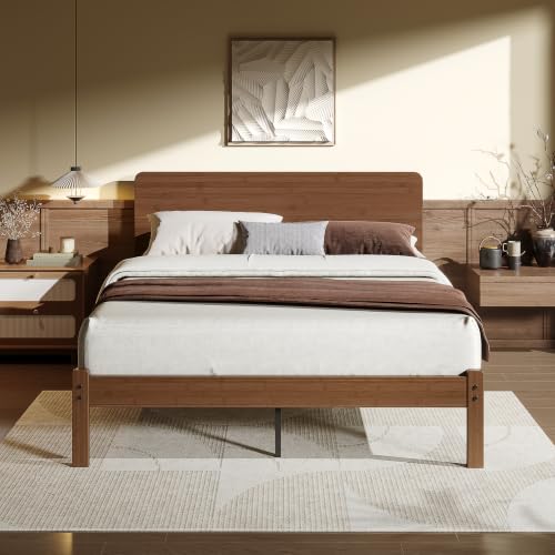 Cleaniago 14" Solid Bamboo Wood Queen Bed Frames with Headboard, Brown