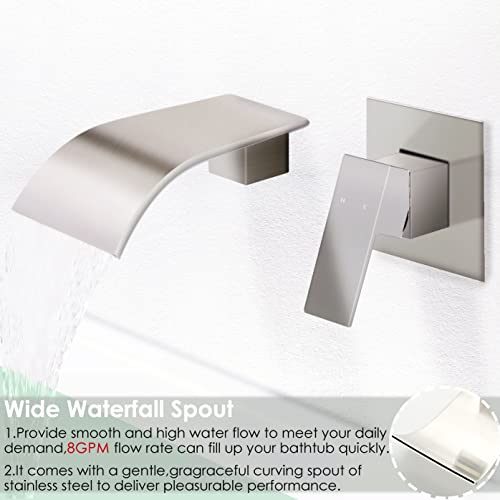 Auu Wall Mounted Bathtub Faucet, Waterfall Romsn Tub Filler Single Handle,Solid Brass Bathroom Sink Faucet Rough-In Valve Included (Brushed Nickel) #TOP4