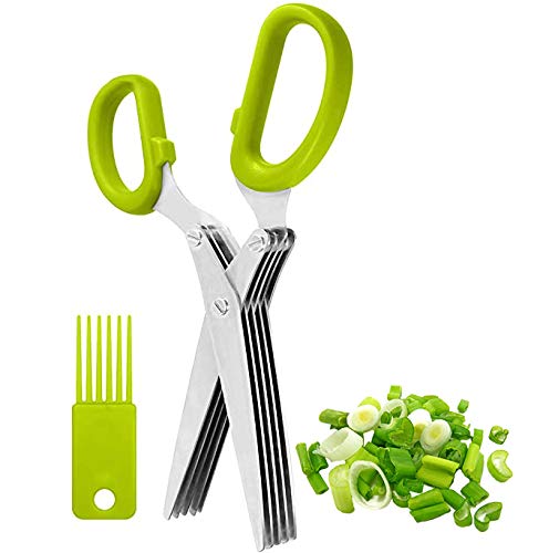 Herb Scissors INVODA Multipurpose Kitchen Shears 5 Extremely Sharp Stainless Steel Blades Handy Cleaning Comb Multi Blade Time Saving Cut, Slice Chop Herbs Fast (Green)