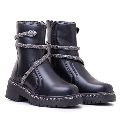 Bota Feminina Cano Curto Leve Macia Confortável Na Cor Preto Com Detalhe Cobra Strass Elegante Gener