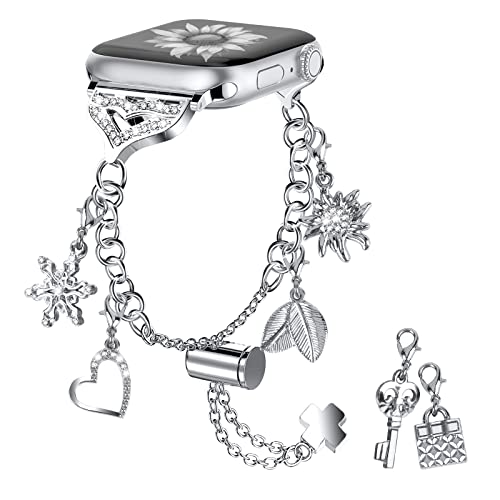 Bling Band Compatible with Apple Watch 49mm 45mm 44mm 42mm, Metal Jewelry Watch Strap for Ultra/Series SE 9 8 7 6 5 4 3 2 1 Interchangeable Charms Dressy Bracelet for Women (Silver)