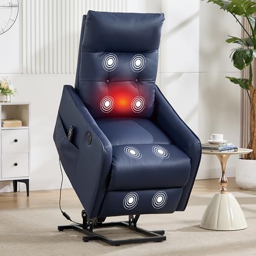 EZZUP Power Lift Recliner Chair with Vibration Massage and Heat for Petite Elderly, Small Lift Chair with Side Pocket Remote Control, Infinite Position, Faux Leather Blue