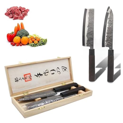 Fishtec Set di 2 coltelli giapponesi - Nakiri e Santoku - Lama in acciaio - Manico in palissandro africano - Scatola regalo che protegge la lama - Coefficiente 58 HRC - Martellato a mano