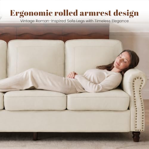 Image of Kingfun Faux Leather 3 Seater Sofa with Rolled Arms,Cream