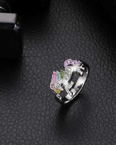 HSIXHAF 1 pcs Regenbogen Einhorn Ring mit Strass Einstellbare Öffnung Cartoon Einhorn Mädchen Ring, Geschenk für Tochter, Enkelin, Kind einer Freundin