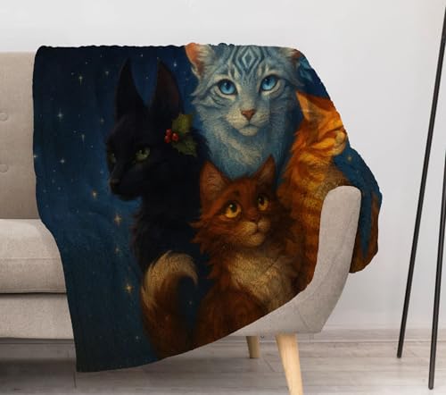 Allenjoy Fantasy Warrior Cats Blanket Starry Night Throw Blankets Couch Bed Living Room Decor Soft Durable Washable 57" X 50" SC02292-004