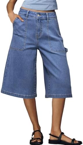 Dokotoo Womens High Waisted Stretch Wide Leg Cargo Denim Shorts C...