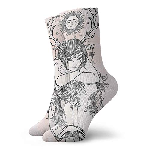 Occult Fashion Compression Socks,Image Of Naked Girl Under The,Performance Polyester Cushioned Athletic Crew Socks for Running,Athletic,Pink Black -12 inch