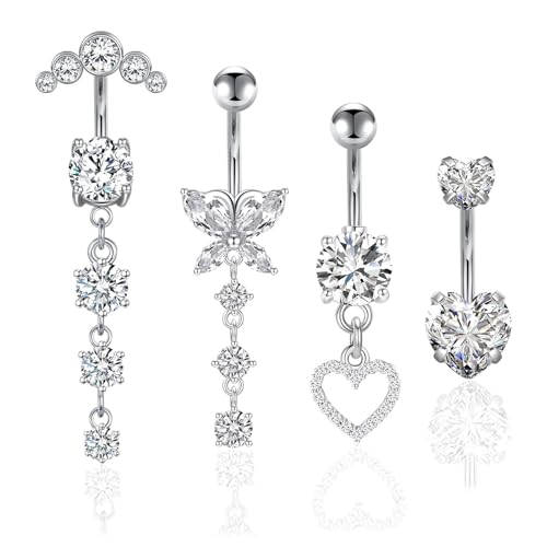 SSKHE Set 4 Pezzi Piercing Ombelico in Acciaio Inox 316L - Gioielli Cuore Farfalla Con Diamante - Lungo Barbell per Donne