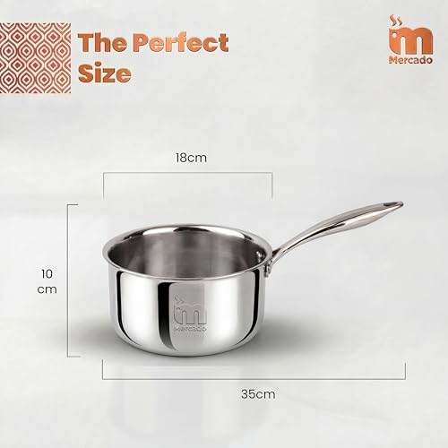 Image of Mercado Triply Stainless Steel Saucepan 18 cm 2L | SS304 Food Grade | Ideal for Milk, Tea & Boiling | Induction Compatible | Cool-Touch Long Handle | Even Heat Distribution | Silver | 5 Years Warranty