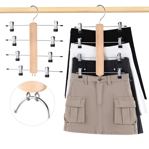 VANZAVANZU Kleiderbügel Platzsparend Rockbügel, 2er Pack 4 Etagen Hosenbügel aus Holz mit Klammern, Montierbarer Kleiderbügel mit Klammern mit 360° Drehbarem Haken, Vielseitige Kleiderbuegel