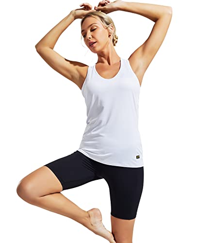 Mier Womens' Racerback Workout Tank Tops Yoga Athletic Running Gym Exercise Sleeveless Shirts Dry Fit Muscle Tee Top, Scoop Neck, White, S #TOP3