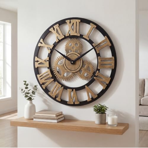 Heaven4you Premium Medium Roman Numeral Wooden Wall Clock Indoor Round, Brushed Finish for Living Room Kitchen Office Gold – Silent – Ready to Hang with Hook & Instructions for Hands 50cm/19.68inch