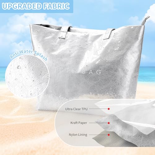 Image of KALIDI PVC Zipper Tote Bag, Jelly Kraft Paper Beach Bag Large Hobo Carry All Travel Shopping Handbag Plastic Shoulder Bag