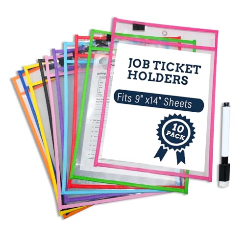 10 Colors Dry Erase Pockets Pack - Reusable Clear Plastic Sleeves & Heavy Duty Ticket Holders with 1 Dry Erase Marker Included, Durable Sheet Protectors for Classroom, Office & Shop Organization
