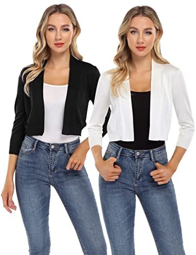 GloryStar Women’s 3/4 Sleeve Cropped Cardigan Sweaters Open Front Knit Short Bolero Shrugs Black+White M2