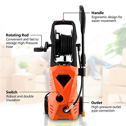 Suyncll Pressure Washer 3000PSI Electric Power Washer with Hose Reel and Brush,High Pressure Washer for Driveway Fence Patio Deck Cleaning (Orange)